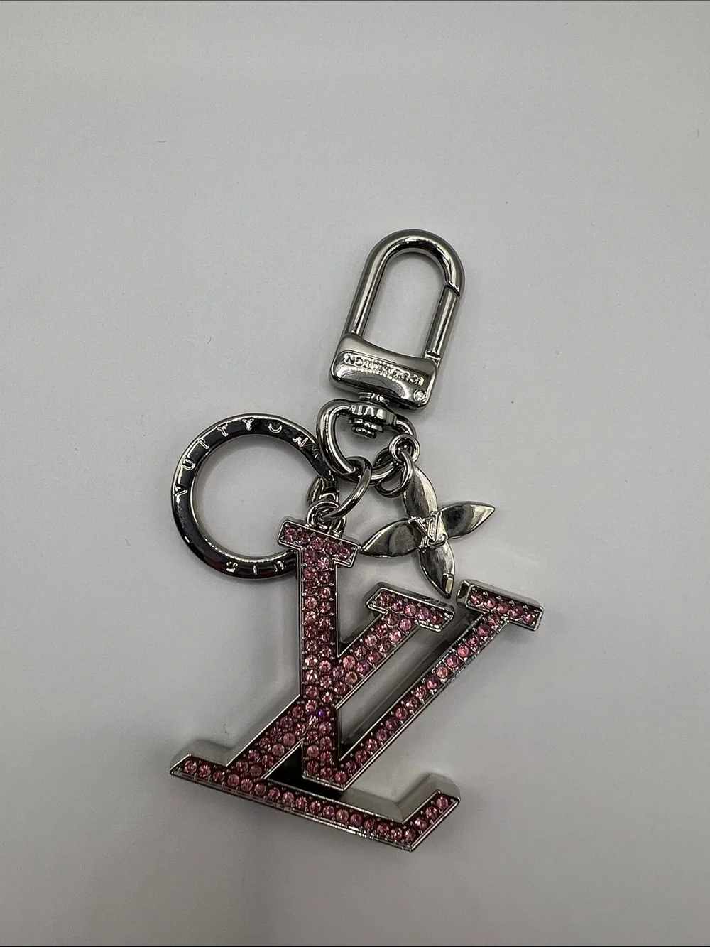 1416. Pink Crystal Key Chain or Bag Charm with Stamped Silver Hardware